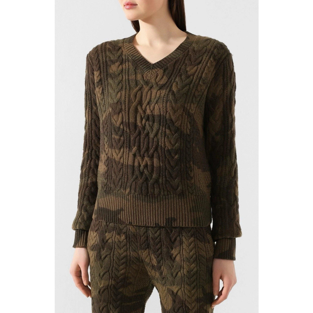 Polo Ralph Lauren Womens Wool Blend Cable Knit Camo Set V Neck Sweater Joggers S